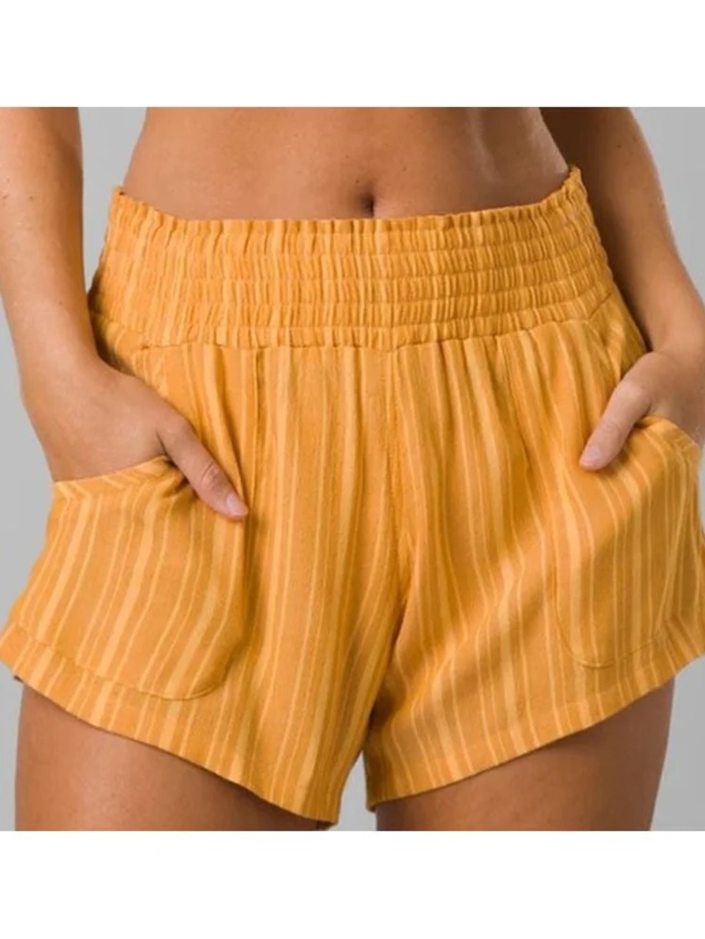 prAna Mustard Yellow Smocked High-Waist Shorts — Size Medium ☀️
